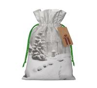 Winter on Snowy Printed Christmas Drawstring Bags Reusable Xmas Bag for Party Xmas Gift Wrapping, Green Ribbon, S