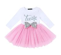 Winter Onederland 1st 2nd BirthdayGirl Decorations Long Sleeve Princess Tutu Dress Sequin Bowknot Christmas Two Years Birthday Party Cake Smash Photoshoto Clothes Pink -Silver Two Dress 2 Years