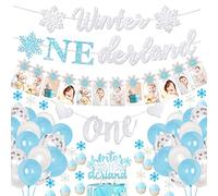 Winter Onederland 1st Birthday Decorations Boy Blue and Sliver Snowflake 1st Birthday Party Supplies with Snowflake Photo Banner Winter Onederland Banner Cake Topper Highchair Banner for Winter Party