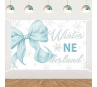 Winter Onederland Backdrop Blue Bow 1st Birthday Decorations Blue Silver Snowflakes Photography Background Winter 1st Birthday Banner for Newborn Baby First Christmas Birthday Party Decor 5x3ft