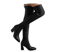 Winter Overkneeboots Women Elegant High Heels PU Leather Long Boots With Block Heel Fashion Pointed Toe Riding Boots Women Comfort Stretch Slip-on Shoes For Outdoor, Party(Black,7.5 UK)