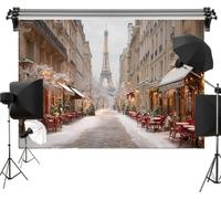 Winter Paris Street Scene Polyester Backdrop 7x5FT Snowy Eiffel Tower View, Cozy French Café Road, Christmas Lights, Romantic City Background Wedding, Party, New Year, Studio Decoration