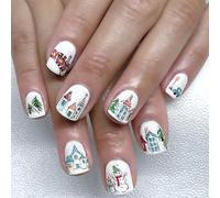 Winter Party Artificial Nails 24PCS White Press on Set Snowflake Snowman Theme Red Blue Glitters Accents Comfortable Wear Holiday Party Fake Nails Easy Apply