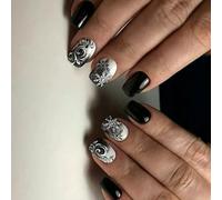 Winter Party Press On Nails Black White Snowflake Short Square False Nails With Glitters Design Party Manicure Set Snowflake Glitters Fake Nail