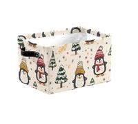 Winter Penguin Large Collapsible Storage Baskets with Handles, Christmas Tree Fabric Storage Bin Organizer Box for Shelves, Toy Clothes Nursery Closet Living Room Decor