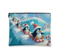 Winter Penguins Makeup Bag, Cute Candy Cane Cosmetic Pouch for Travel, Portable Canvas Zipper Organizer for Holiday 7x9 Inch