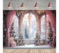 Winter Photography Backdrop Beautiful Nature Snowy Scenery Wonderland French Window Background Merry Xmas Tree Gift Background Night Snow Party Decoration Holiday Photo Banner Props (5x3feet)