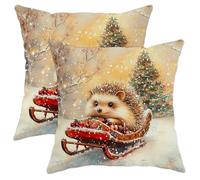 Winter Pillow Covers Set of 2, Cute Hedgehog Sledding Throw Pillows Case, Holiday Decorative Square Farmhouse Decor Cushion Covers for Home Sofa Bed Couch 16x16 Inch