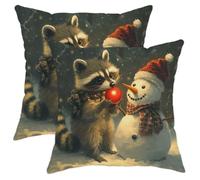 Winter Pillow Covers Set of 2, Cute Raccoon and Snowman Decorative Throw Pillow Cases, Holiday Christmas Farmhouse Decor for Home Sofa Bed Couch 16x16 Inch