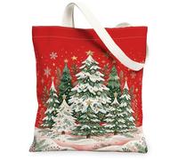 Winter Pine Forest Holiday Theme Christmas Tree Canvas Tote Bag 13x15 Inch | Snowy Pine Forest, Golden Star Accents, Winter Woodland Theme, Seasonal Carryall, Artistic Botanical Print