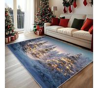 Winter Pine Tree Rugs - Christmas Tree Forest Snow Scene Area Rugs for Living Room Bedroom, Washable Non Slip Low Pile Carpet 120x120 cm, Patterned Rug & Christmas Decorations QAZ32