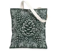Winter Pinecones Botanical Illustration Canvas Tote Bag 13x15 Inch | Woodcut Illustration, Holly Berries, Snowflake Motif, Woodland Theme, Seasonal Aesthetic, Rustic Charm