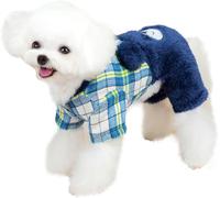 Winter Plaid Dog Coat, Small Dog Jumpsuit, Warm Four-Legged Clothes with Fleece Lining, Cold Weather Cat Outfit,S, blue