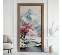 Winter Plum Blossom Door Stickers Waterproof Peel and Stick Door Mural, Snow Mountain Lake View 3D Door Stickers Self Adhesive Wall Sticker, Chinese Traditional Murals Vinyl Wallpaper Decor 75x200 cm