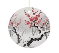 Winter Plum Grove Double-Sided Ceramic Christmas Ornaments - Round Hanging Mini Xmas Tree Decorations, Ideas for Farmers, Rustic Home Decor for Indoor Outdoor Tree Decor
