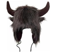 Winter Plush Furry Hat, Warm Buffalo Hat with Horns & Earflap Thermal Soft Fluffy Unisex Animal Viking Hats for Women Coffee
