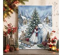 Winter Polar Bear And Girl Scene Christmas Canvas Wall Art 12x16