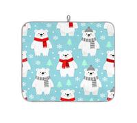 Winter Polar Bear Christmas Tree Absorbent Dish Drying Mat for Kitchen Counter, Reversible Microfiber Dish Drying Pad with Hanging Loop for Glassware Utensils Pots 16x18 in