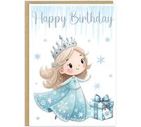 Winter Princess Happy Birthday Card with Age 1-9 - Blonde Ice Queen Pretty Princess with Crown A5 Greetings Card For Little Girls - Girly Birthday Card