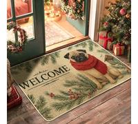 Winter Pug Doormat, Red Dog Door Mat for Holiday & Seasonal Entrance Rustic Decor, Rubber Waterproof Non-Slip Dust Absorbent Front Doormats, Easy Clean 29x17 Inch
