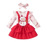 Winter Pyjamas for Children Infant Girls Christmas Long Sleeve Cartoon Romper Bodysuit Snowman Suspender Skirts Outfits(6-12 Months) Pink