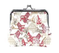 Winter Red Grey Houses with Trees and White Snow Christmas Pattern Women Leather Mini Buckle Coin Purse, Clasp Kiss Lock Closure Card Key Change Wallet for Women Girls Men Girl