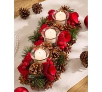 Winter Red Rose Trio Tealight Xmas Centrepiece Christmas Décor Candle Holders 37cm Dibor Red One Size