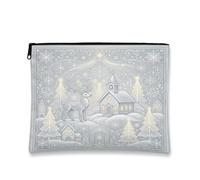 Winter Reindeer Landscape Makeup Bag 7x9 Inch | Snowflake Motif, Cosmetic Bag, Church Architecture, Winter Wonderland Theme, Durable Zipper Closure