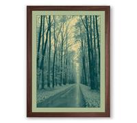 Winter Road Perspective Scandinavian Framed Wall Art Print A4 (29.7×21cm) Walnut, Wall Decor for Living Room, Bedroom, Office & Home, Ready to Hang, Art Gift