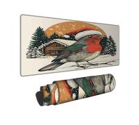 Winter Robin Large Gaming Mouse Pad, Red Green Bird Stitched Edge Mousepad, Rubber Non-Slip Washable Gaming Mouse Pad for Home and Office Computer, Laptop 12x32 Inch