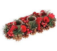 Winter Rose Pine Christmas Glass Triple Tea Light Candle Holder Jar - L39cm | Artificial Wooden Flowers, Faux Berries, Dyed Hessian, Tealight Holders