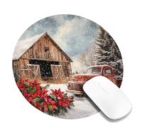 Winter Rustic Barn Mouse Pad, Red Vintage Truck Poinsettia Design Stitched Edge Mousepad, Rubber Non-Slip Washable Gaming Mouse Pad for Home and Office Round 8x8 Inch
