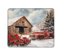 Winter Rustic Barn Mouse Pad, Red Vintage Truck Poinsettia Design Stitched Edge Mousepad, Rubber Non-Slip Washable Gaming Mouse Pad for Home and Office Square 8x10 Inch