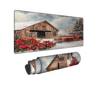 Winter Rustic Large Gaming Mouse Pad, Red Poinsettia Barn Scene Stitched Edge Mousepad, Rubber Non-Slip Washable Gaming Mouse Pad for Home and Office Computer, Laptop 16x36 Inch