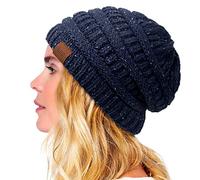 Winter Satin Lined Beanie Hats for Women Men Warm Oversized Slouchy Knitted Skull Cap with Satin Silk Lining for Natural Hair, Navy Blue, One Size