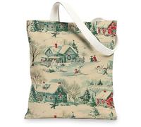 Winter Scene Canvas Tote Bags, Cozy House Pattern Reusable Grocery Bags, Vintage Lightweight Washable Shoulder Strap Canvas, Beige, 13x15 Inch