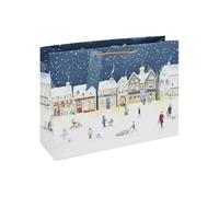 Winter Scene Christmas Large Navy Shopper Gift Bag 37cm - Festive Paper Present Bag with Gold Handles & Name Tag