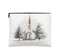 Winter Scene Makeup Bag, Vintage Church Cosmetic Travel Pouch for Women, Portable Small Canvas Zipper Organizer, Holiday Toiletry Bag, White, 7x9 Inch, Winter Scene