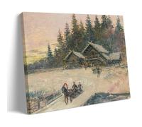 Winter Scene With Troika Poster - Impressionist Artwork by Konstantin Alexeevich Korovin Showcasing A Snowy Landscape with Sleigh, Horses And Wooden Cabins Canvas Art And Wall Art Picture Print Modern
