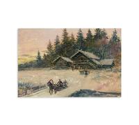Winter Scene With Troika Poster - Impressionist Artwork by Konstantin Alexeevich Korovin Showcasing A Snowy Landscape with Sleigh, Horses And Wooden Cabins Wall Art Picture Painting Canvas Prints Artw