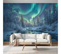 Winter Scenery Murals,Northern Lights Glacial Lake Scenery Wall Mural Wallpaper, Blue-Green Wallpaper for Bedroom Living Room 350 × 256 Cm Artwork Background Wall Stickers (Not Self-Adhesive)