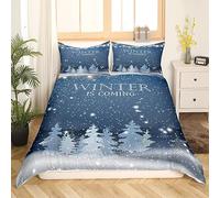 Winter Season Duvet Cover Double, Snowflakes Bedding Set for Adult Men Women, Xmas Mystical Wonderland Starry Sky Night Comforter Cover, Night Blue New Year Holiday Light Coniferous Quilt Cover