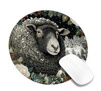Winter Sheep Mouse Pad, Black and Cream Woolly Lamb Design, Stitched Edge Mousepad, Rubber Non-Slip Washable Gaming Mouse Pad for Home and Office Computer Round 8x8 Inch