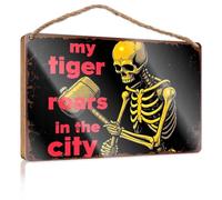 Winter Sign For Front Door Golden Skeleton Roaring In The City: A Spooky Urban Tale Wooded Sign Back Yard Decorations Beach Decorations For Home(15X28CM)