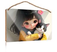 Winter Signs For Home Decor A Girl With Black Hair Holding A Cat Wooded Sign Funny Man Cave Signs Funny Decor For Home(15X28CM)
