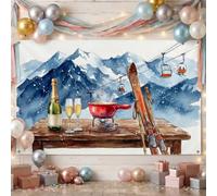 Winter Ski Chalet Celebration Mountain Backdrop Banner 83x59 Inch | Watercolor Ski Resort Landscape, Photography Backdrop, Fondue Set And Champagne, Après-ski Theme, Winter Sports Decor