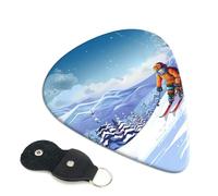 Winter skiing Guitar Picks 6 Pack with Leather Guitar Pick Holder Keychain, Plectrum Key Fob Cases Bag, Abstract Art Plectrum for Acoustic Electric Guitar, Ukulele 0.71mm