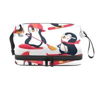 Winter Skiing Penguins Double Layer Cosmetic Bag for Women and Girls, Travel Toiletry Bag Makeup Handy Pouch Organiser Bag with Brush Compartment