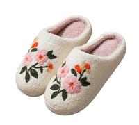 Winter Slippers Women's Plush Flowers Plain Slippers Non-Slip Thick Soled Closed House Slippers Comfortable Warm Casual Felt Slippers, White, 10 UK