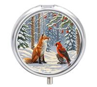 Winter Snow Fox Pill Box Case 3 Compartment Travel Medicine Pill Organizer 3X A Day Portable Vitamin Organizer with Mirror Small Pillbox for Purse & Pocket Cute Daily Medicine Container Metal Vitamin